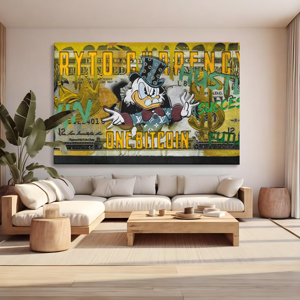 Tablou canvas cu tablou canvas cu donald duck si bitcoin, fara rama, pe sasiu de lemn, pe perete intr-un living